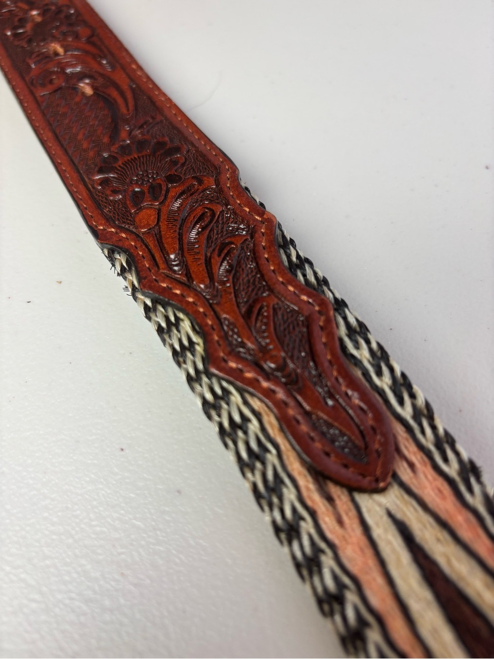 Handcrafted Western Horsehair Tooled Leather Belt Multi-Color Tribal Weave Inlay - Picture 8 of 13